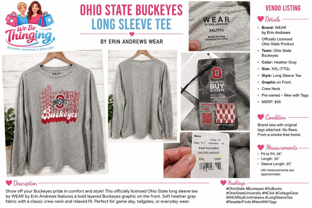 WEAR by Erin Andrews Ohio State Buckeyes Long Sleeve Tee Gray XXL NWT